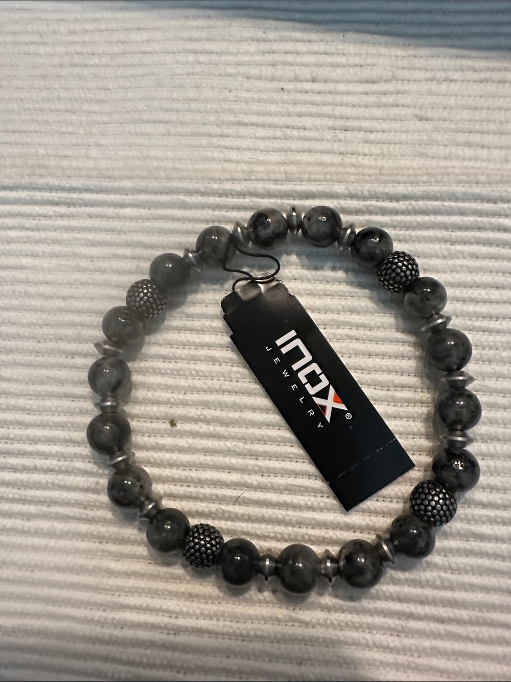 INOX Men’s Gray Beaded Stretch Bracelet with Metallic Accents